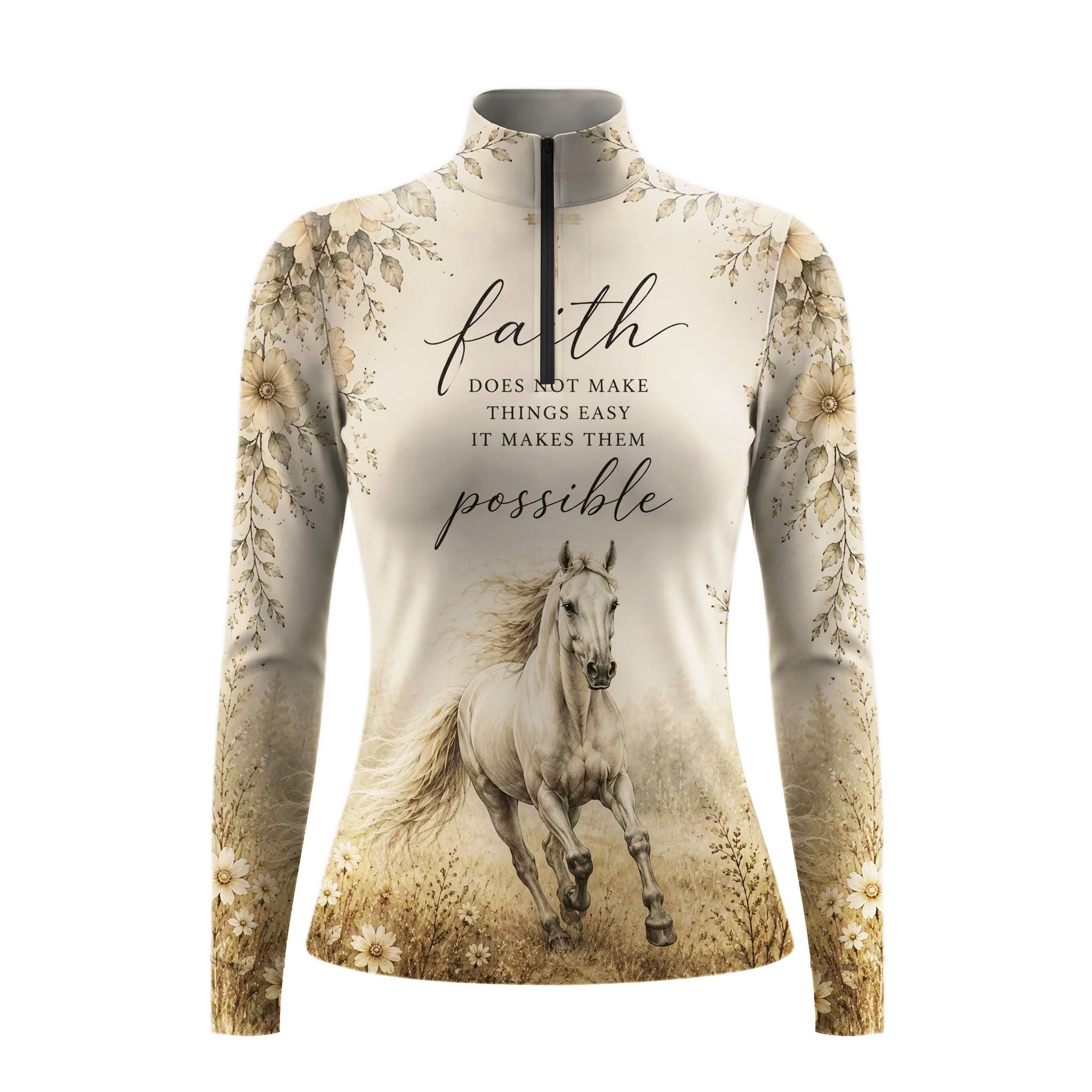 Full-body model shot wearing warm vintage pastoral faith equestrian long sleeve top at sunlit green pasture white wooden fence, holding riding crop
