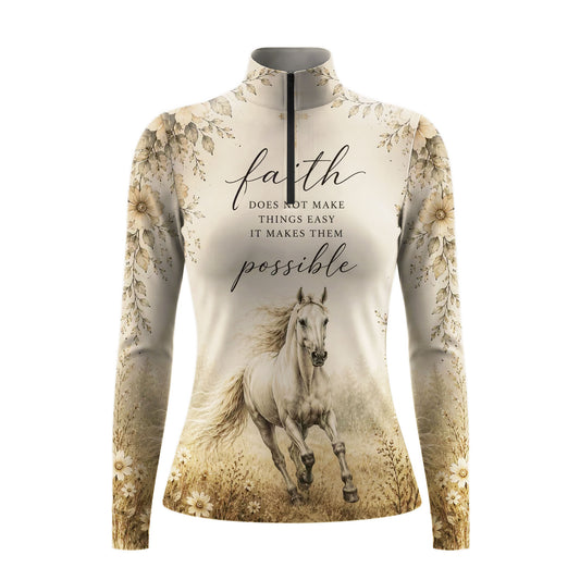 Full-body model shot wearing warm vintage pastoral faith equestrian long sleeve top at sunlit green pasture white wooden fence, holding riding crop
