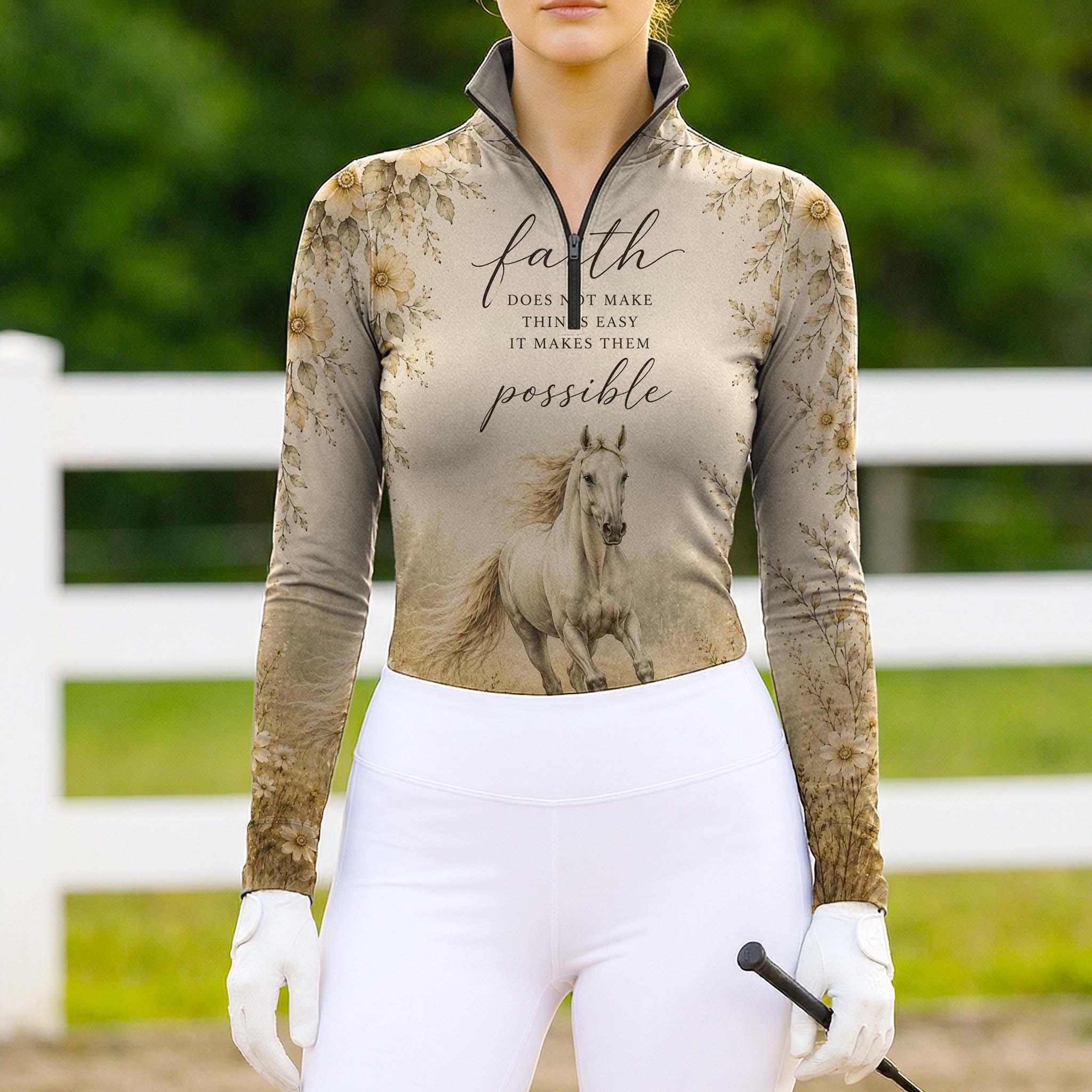 White background studio shot of faded sepia gradient faith quote galloping white horse cream daisy wildflower allover print long sleeve quarter zip riding top
