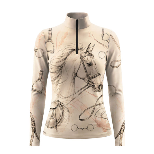 White background studio shot of beige sepia pencil sketch horse and equine tack long sleeve quarter zip riding top
