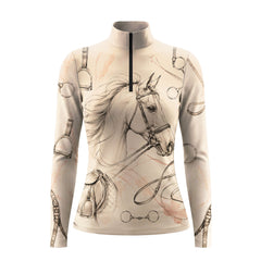White background studio shot of beige sepia pencil sketch horse and equine tack long sleeve quarter zip riding top