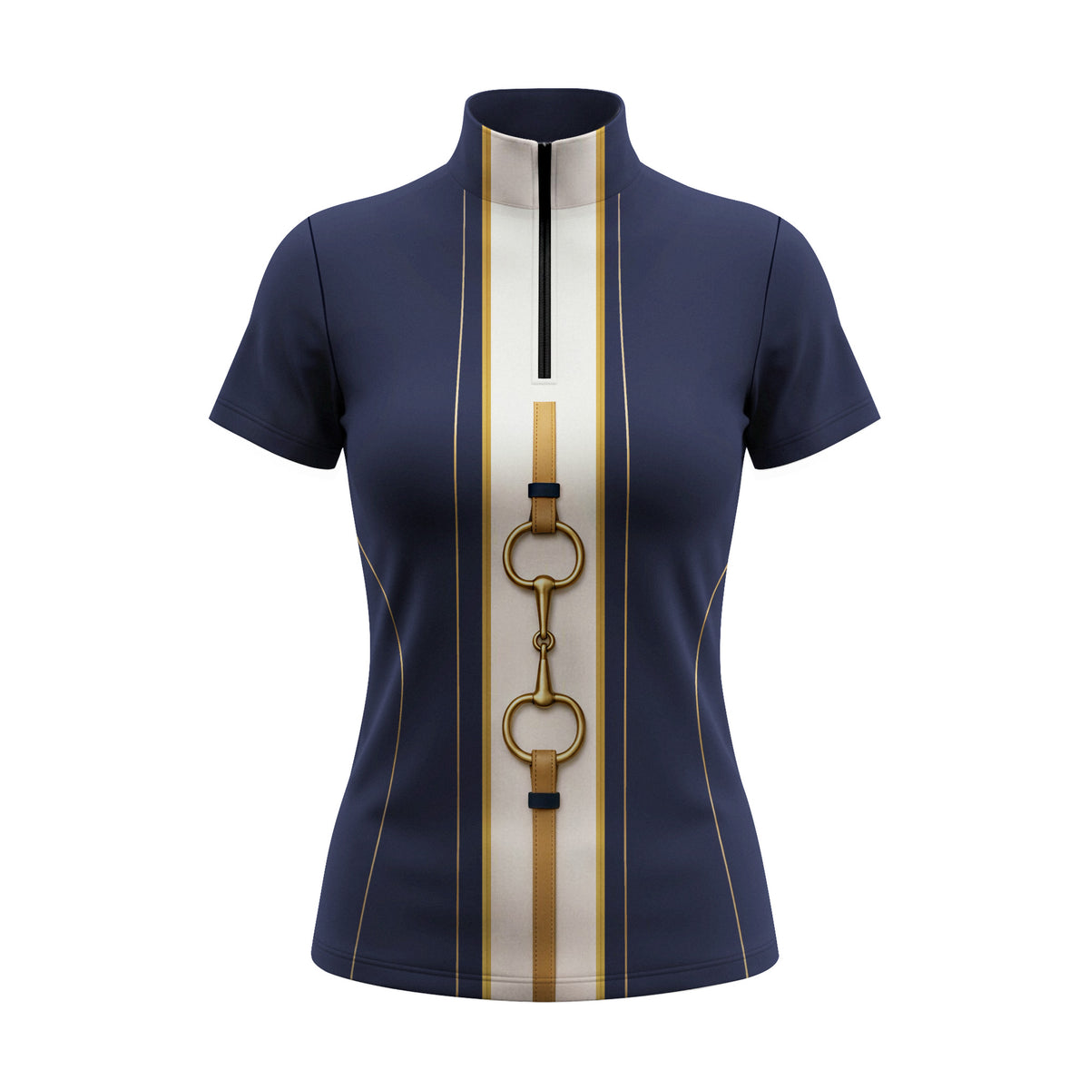 White background studio shot of vertical stripe brass snaffle bit short sleeve quarter zip riding top