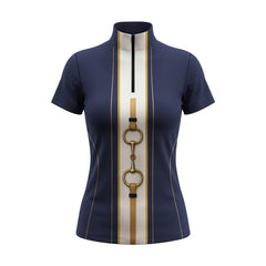 White background studio shot of vertical stripe brass snaffle bit short sleeve quarter zip riding top