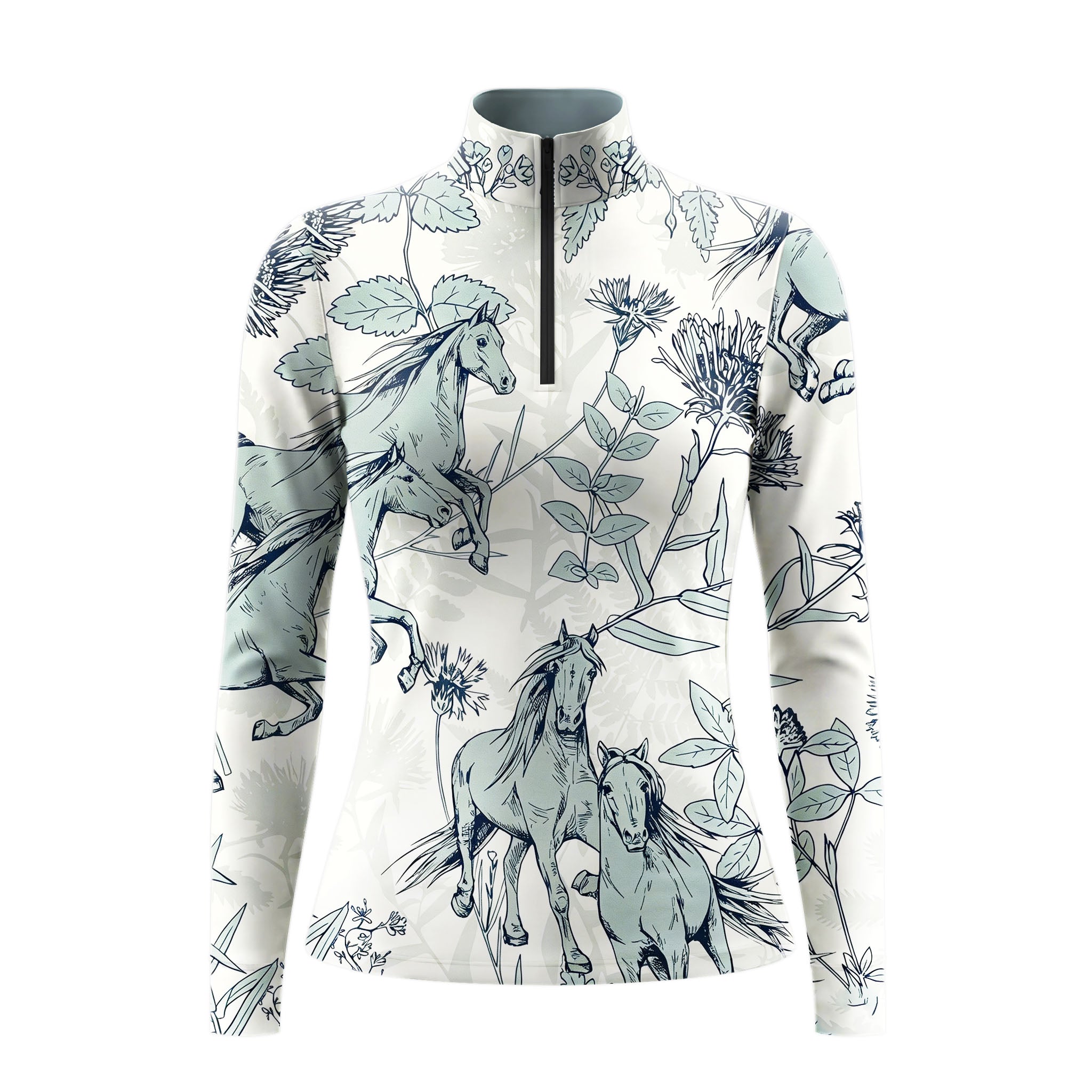 Clean white‑background studio mockup of off‑white quarter‑zip long‑sleeve riding top with sketch horse and wild botanical floral all‑over print