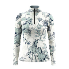 Clean white‑background studio mockup of off‑white quarter‑zip long‑sleeve riding top with sketch horse and wild botanical floral all‑over print