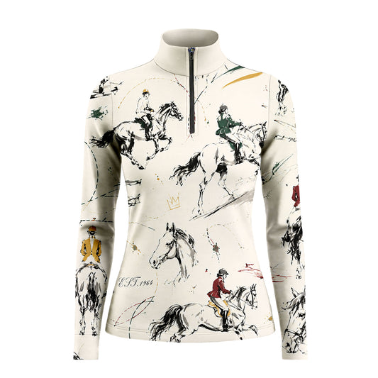 Full-body model shot wearing painterly show jumping equestrian riding top at sunlit white wooden pasture fence