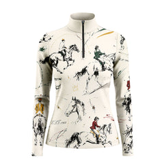 Full-body model shot wearing painterly show jumping equestrian riding top at sunlit white wooden pasture fence