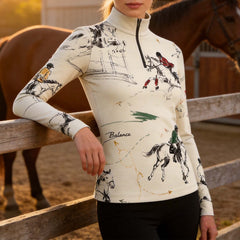 Model leaning on white wooden stable fence beside chestnut horse wearing cream competition rider sketch print riding top at sunset