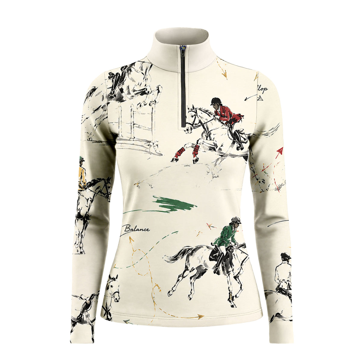 White background studio shot of cream ink sketch multi-color show jumping rider horse allover print long sleeve quarter zip riding top