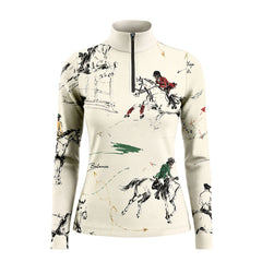 White background studio shot of cream ink sketch multi-color show jumping rider horse allover print long sleeve quarter zip riding top