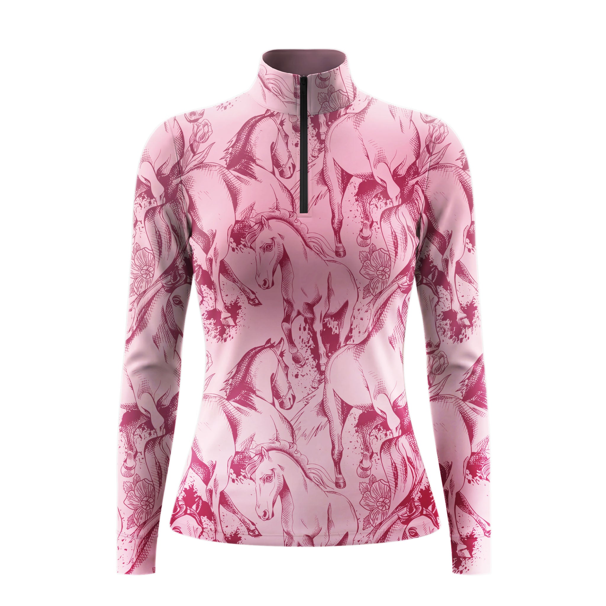 Studio white‑background product mockup of blush‑pink long‑sleeve quarter‑zip riding top with all‑over sketch‑style galloping‑horse and ink‑splash print