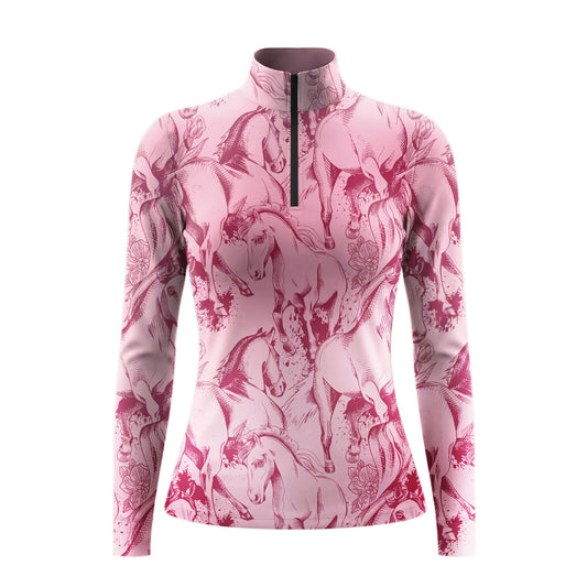 Studio white‑background product mockup of blush‑pink long‑sleeve quarter‑zip riding top with all‑over sketch‑style galloping‑horse and ink‑splash print