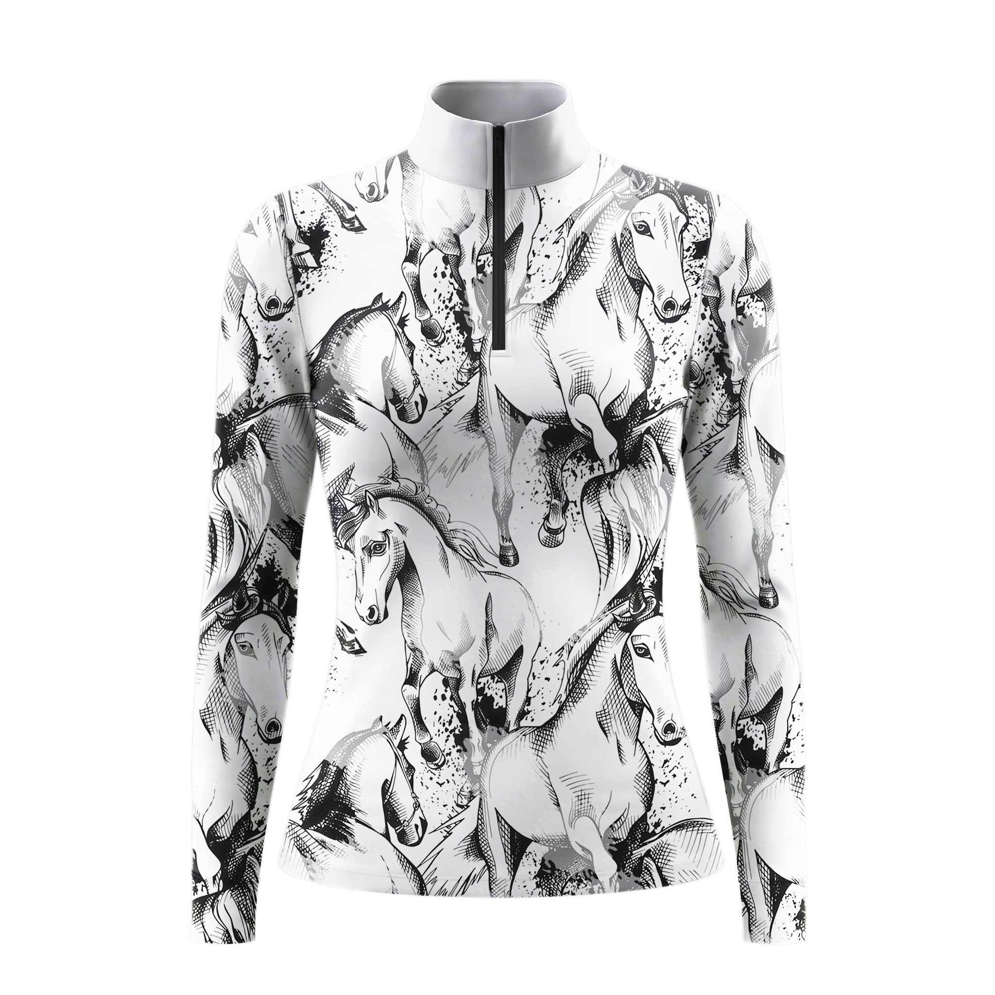Studio white‑background product mockup of clean‑white long‑sleeve quarter‑zip riding top with all‑over sketch‑style galloping‑horse and ink‑splash print