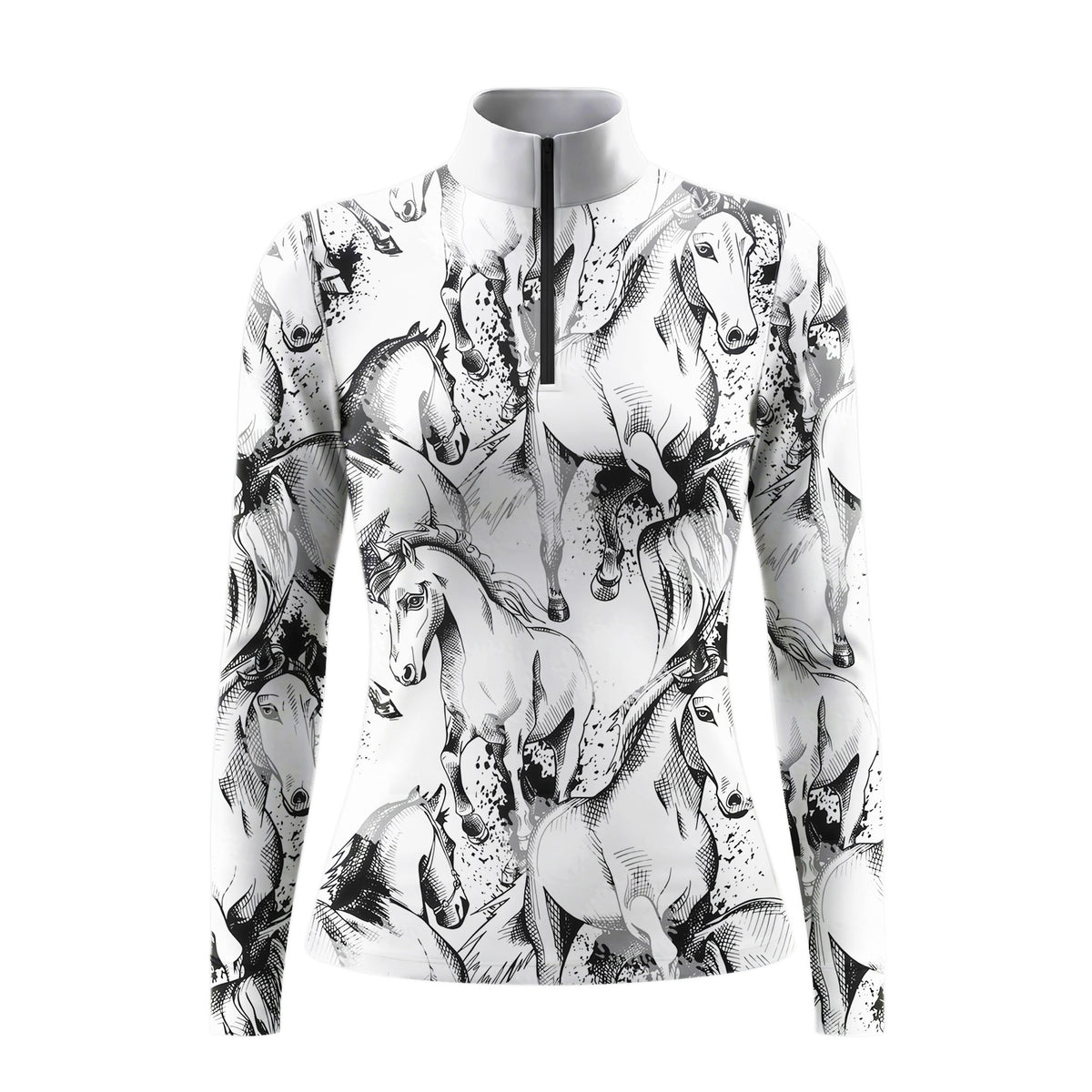 Studio white‑background product mockup of clean‑white long‑sleeve quarter‑zip riding top with all‑over sketch‑style galloping‑horse and ink‑splash print