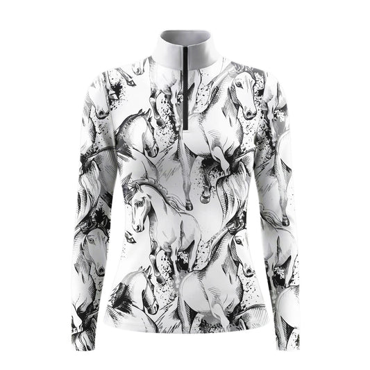 Studio white‑background product mockup of clean‑white long‑sleeve quarter‑zip riding top with all‑over sketch‑style galloping‑horse and ink‑splash print