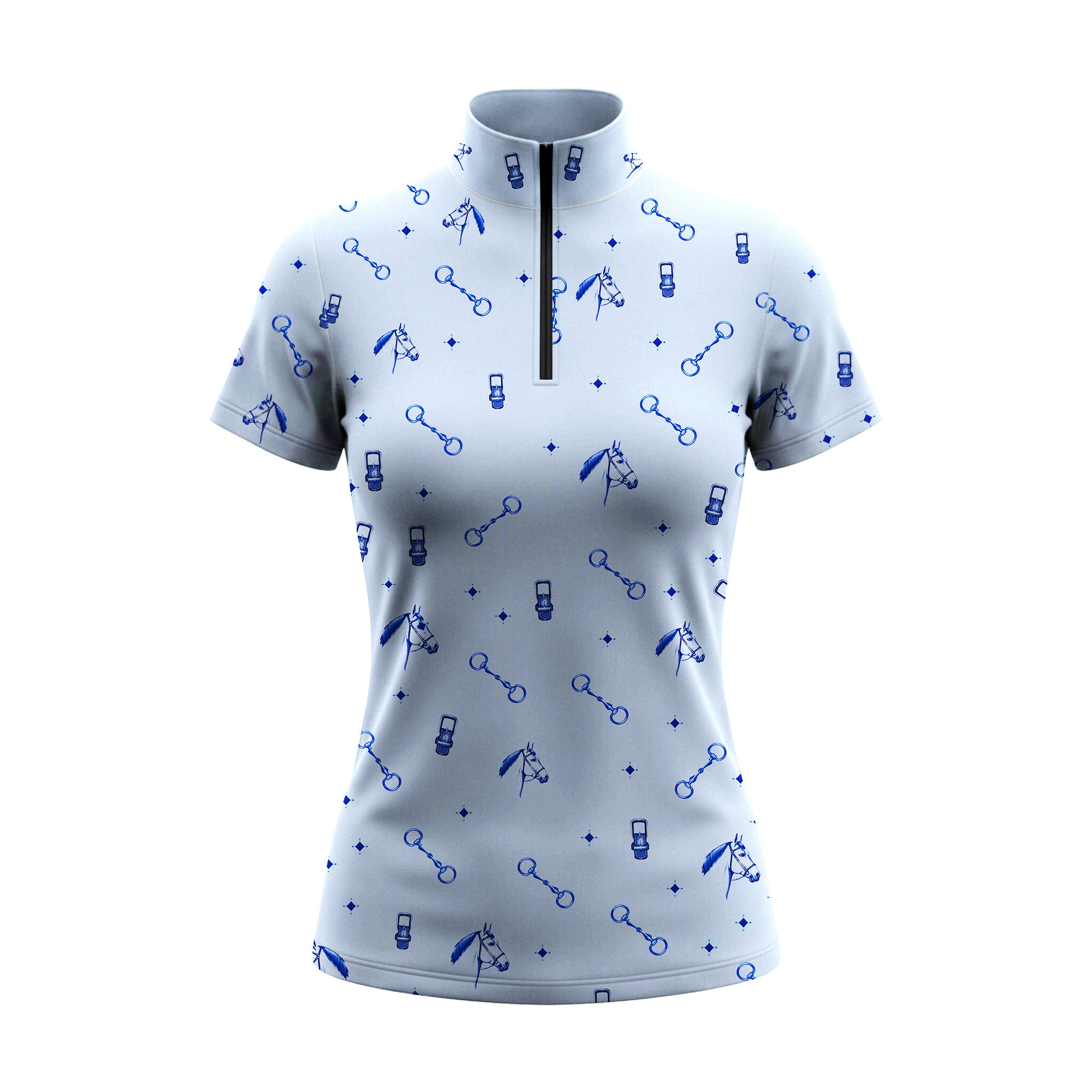 White background studio shot of allover blue line art horse tack short sleeve quarter zip riding top