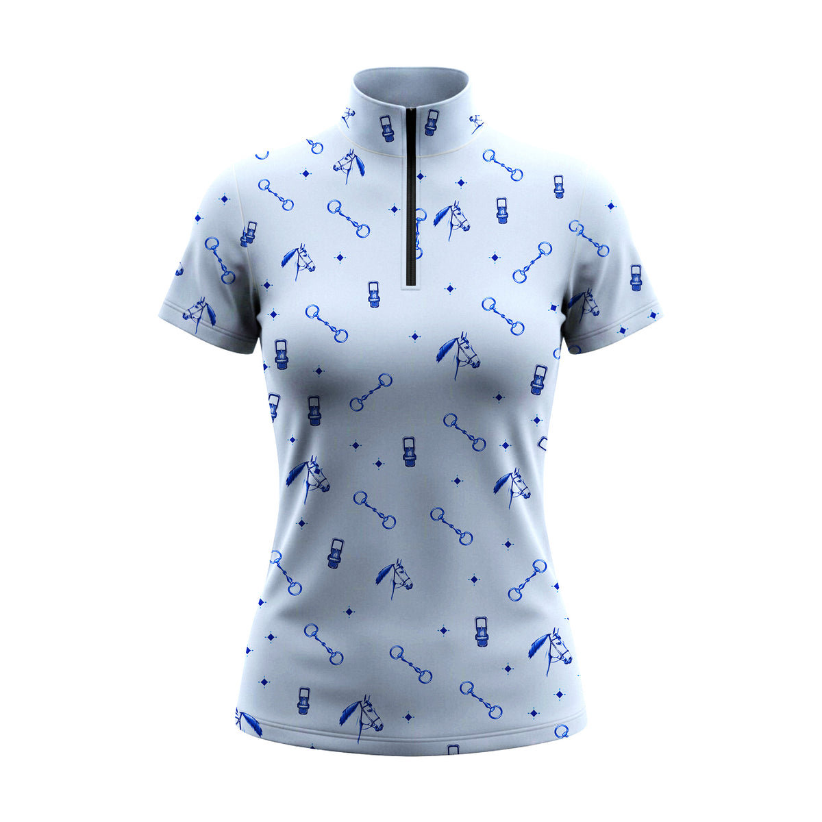 White background studio shot of allover blue line art horse tack short sleeve quarter zip riding top