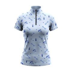 White background studio shot of allover blue line art horse tack short sleeve quarter zip riding top