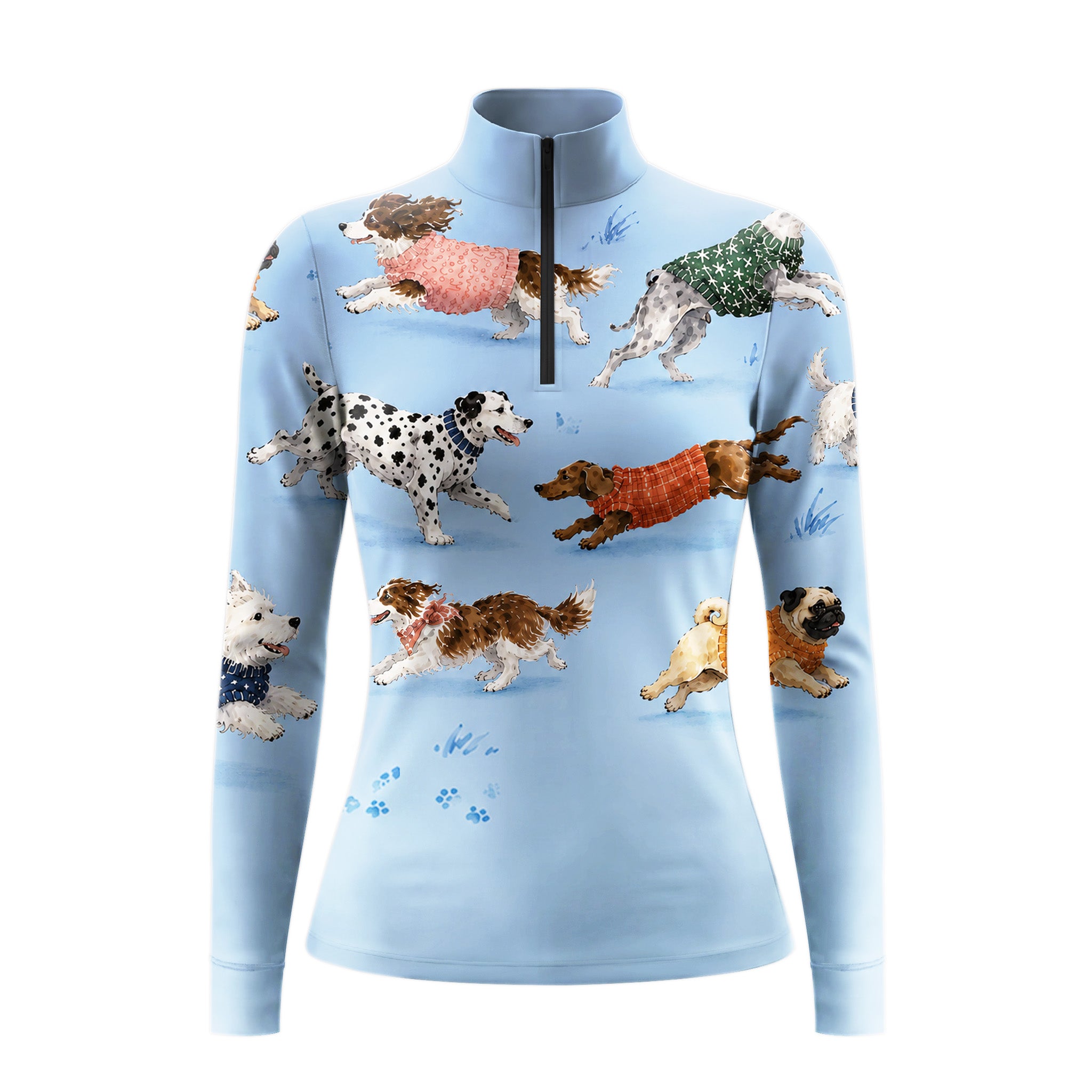 White background studio shot of sky blue base full allover watercolor multi-breed running dogs colorful knit sweaters long sleeve quarter zip riding top
