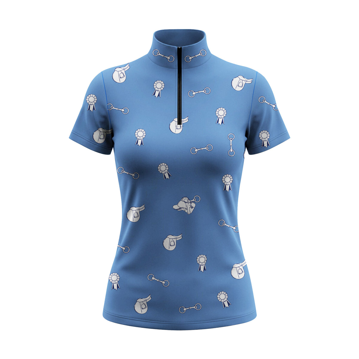 White background studio shot of sky blue show ribbon saddle & bit print short sleeve quarter zip riding top