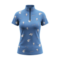 White background studio shot of sky blue show ribbon saddle & bit print short sleeve quarter zip riding top