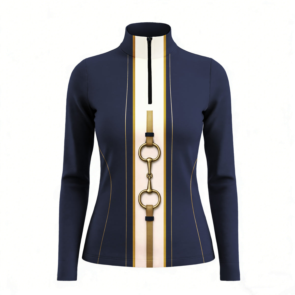 Plain white background studio shot of vertical stripe snaffle bit quarter zip long sleeve riding top