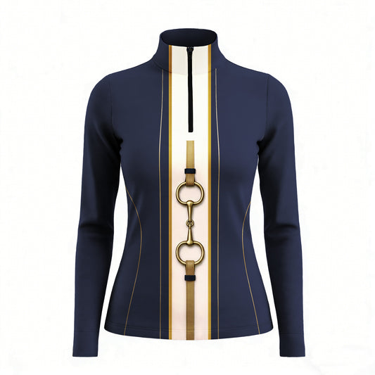 Plain white background studio shot of vertical stripe snaffle bit quarter zip long sleeve riding top
