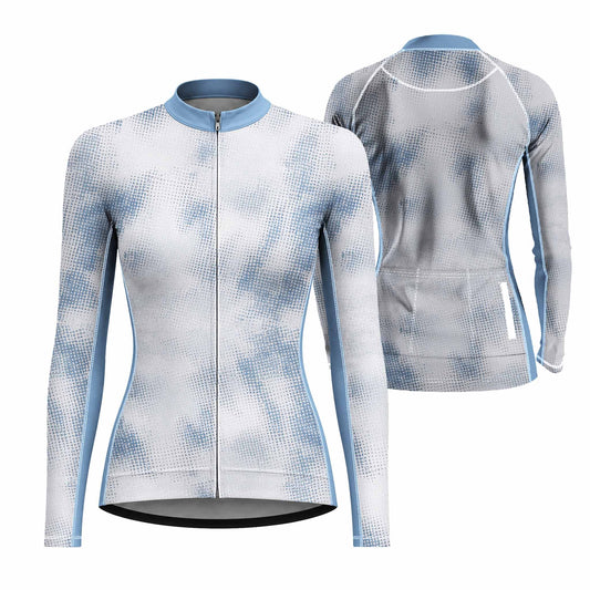 Dual front and back flat layout of ladies long sleeve cycling jersey with pale blue gradient halftone dot print, matching light blue collar isolated white background
