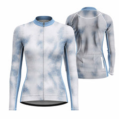 Dual front and back flat layout of ladies long sleeve cycling jersey with pale blue gradient halftone dot print, matching light blue collar isolated white background
