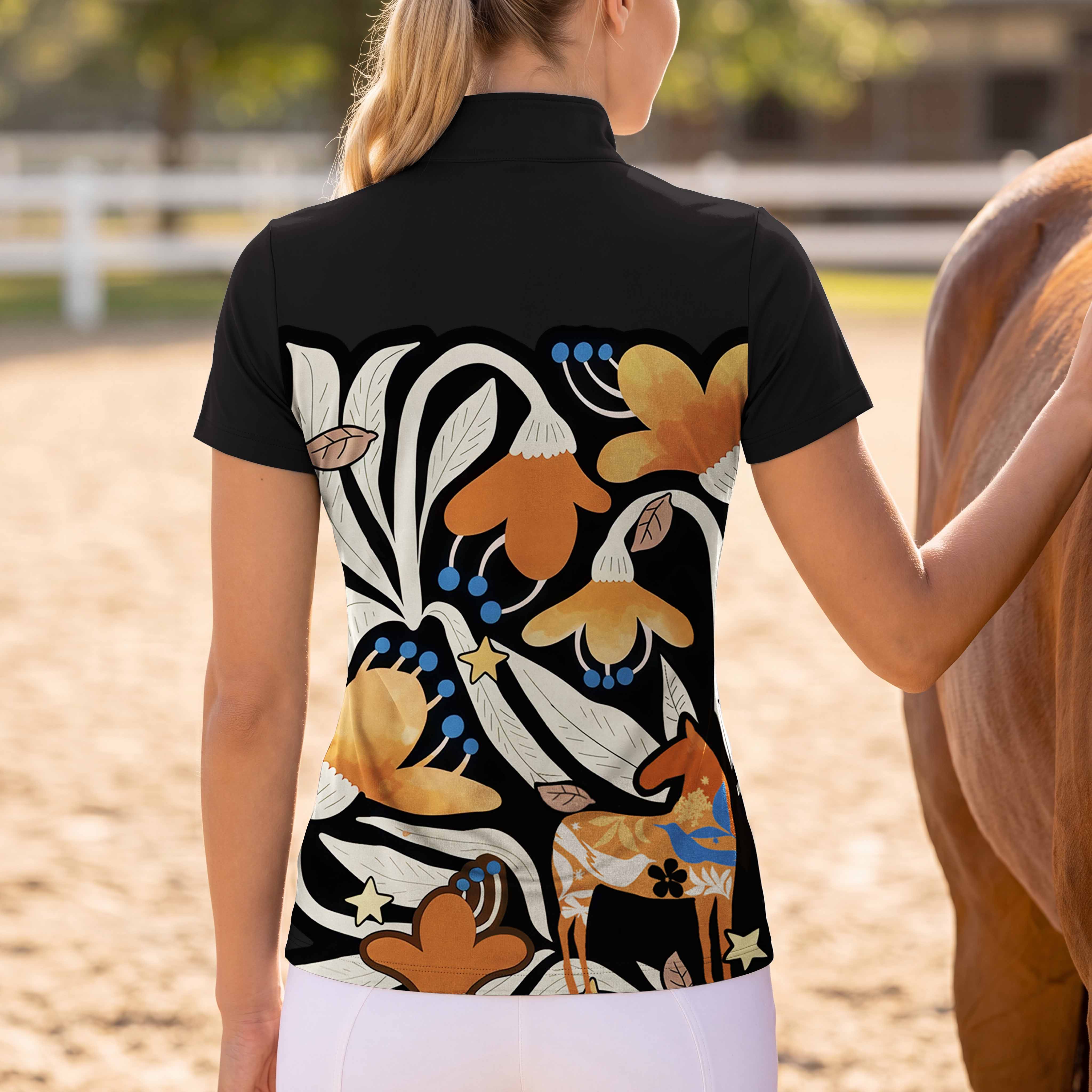 Solid Black Folk Floral Horse Riding Top - Back Print Outdoor Detail Shot	
