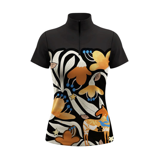 Solid Black Folk Floral Horse Riding Top - Green Pasture White Fence Front Portrait Shot