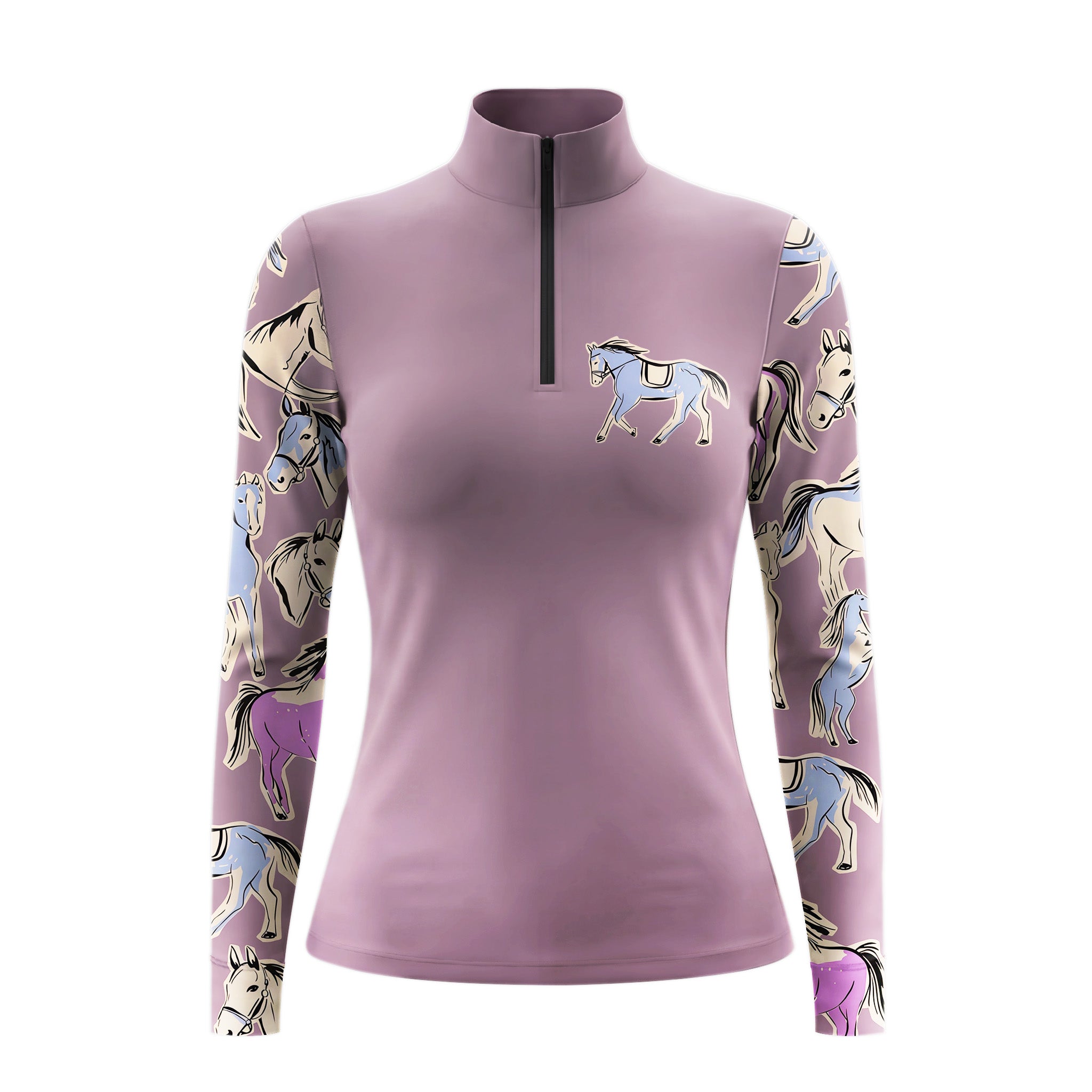 White background studio shot of dusty mauve split solid front pastel sketch pony sleeve print long sleeve quarter zip riding top