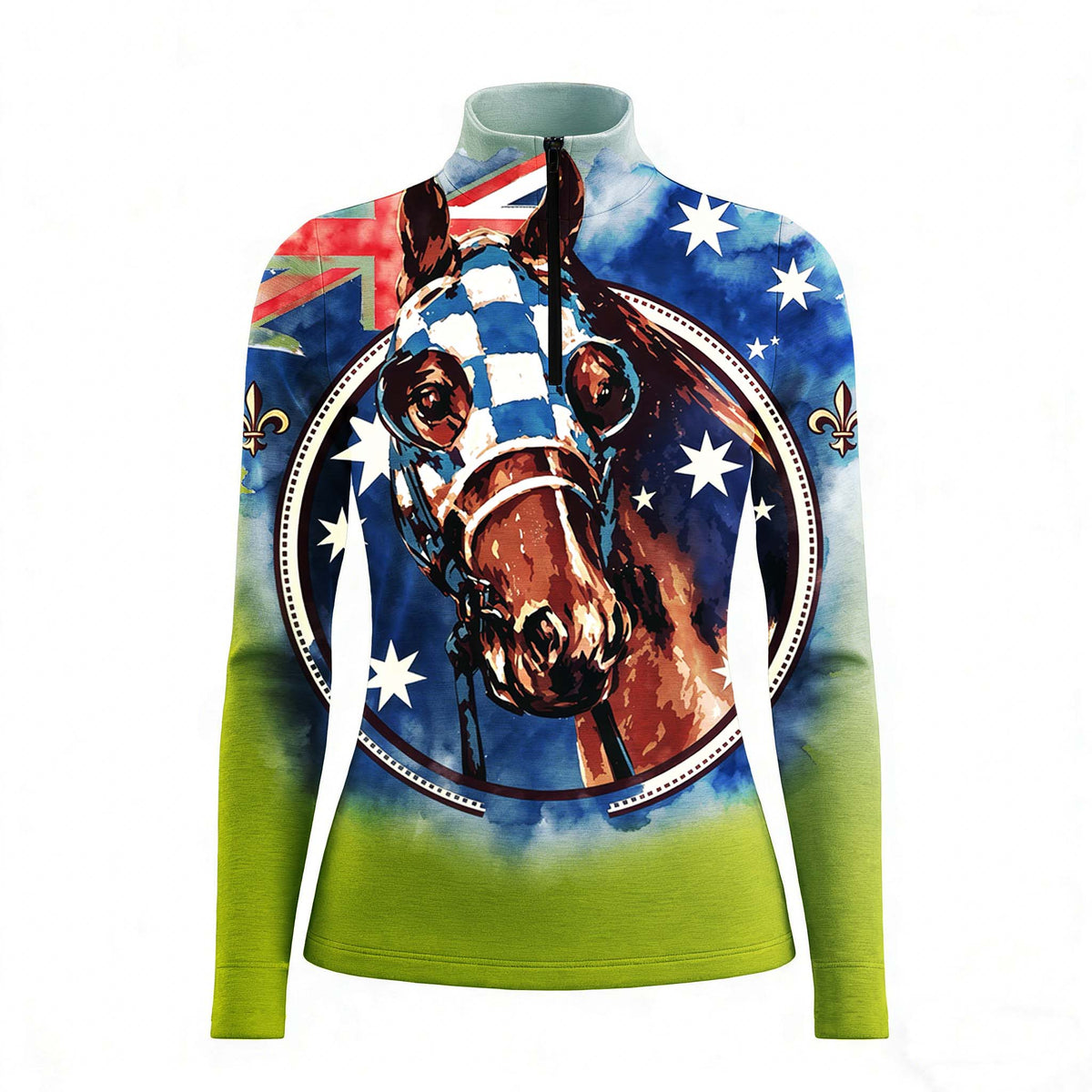 Studio shot of RIDER ATELIER Australian Racehorse Quarter-Zip Top on a white background, showcasing the full print, quarter-zip collar, and fabric texture
