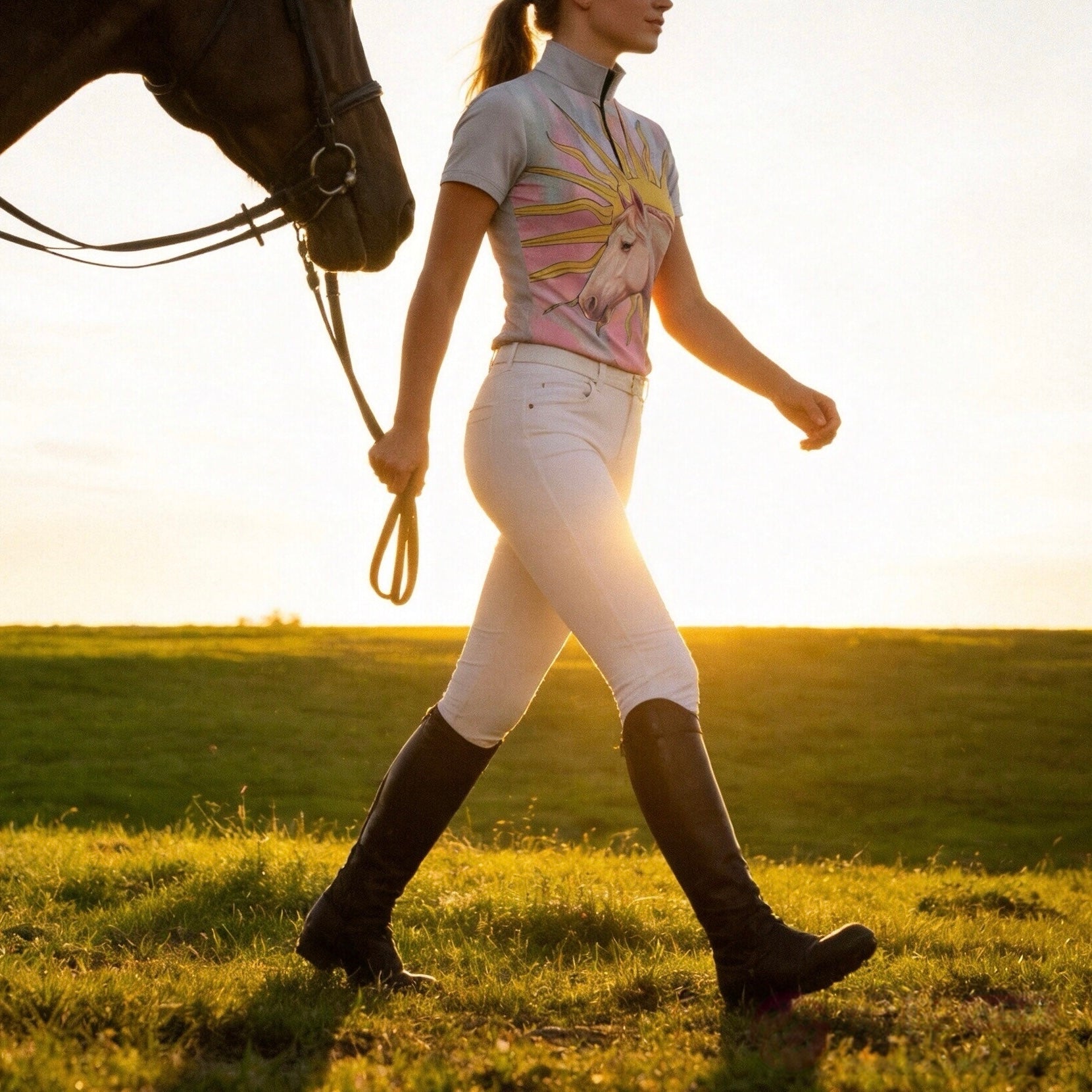 Sunset grass pasture side profile shot of model leading brown horse displaying painterly sunburst pale horse portrait riding top
