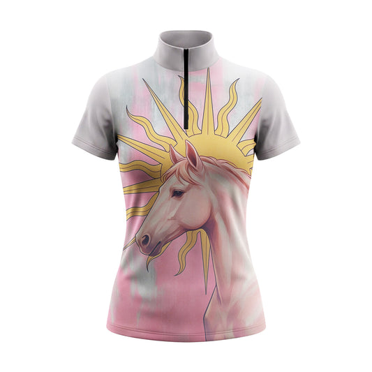 White background studio product shot of grey pink watercolor golden sunburst pale horse portrait short sleeve quarter-zip riding top
