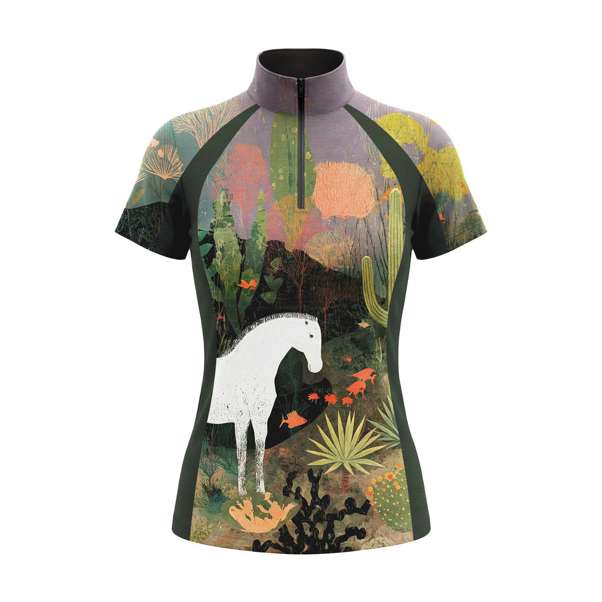 White background studio shot of dark green color block surreal mixed desert aquatic white horse landscape print short sleeve quarter zip riding top