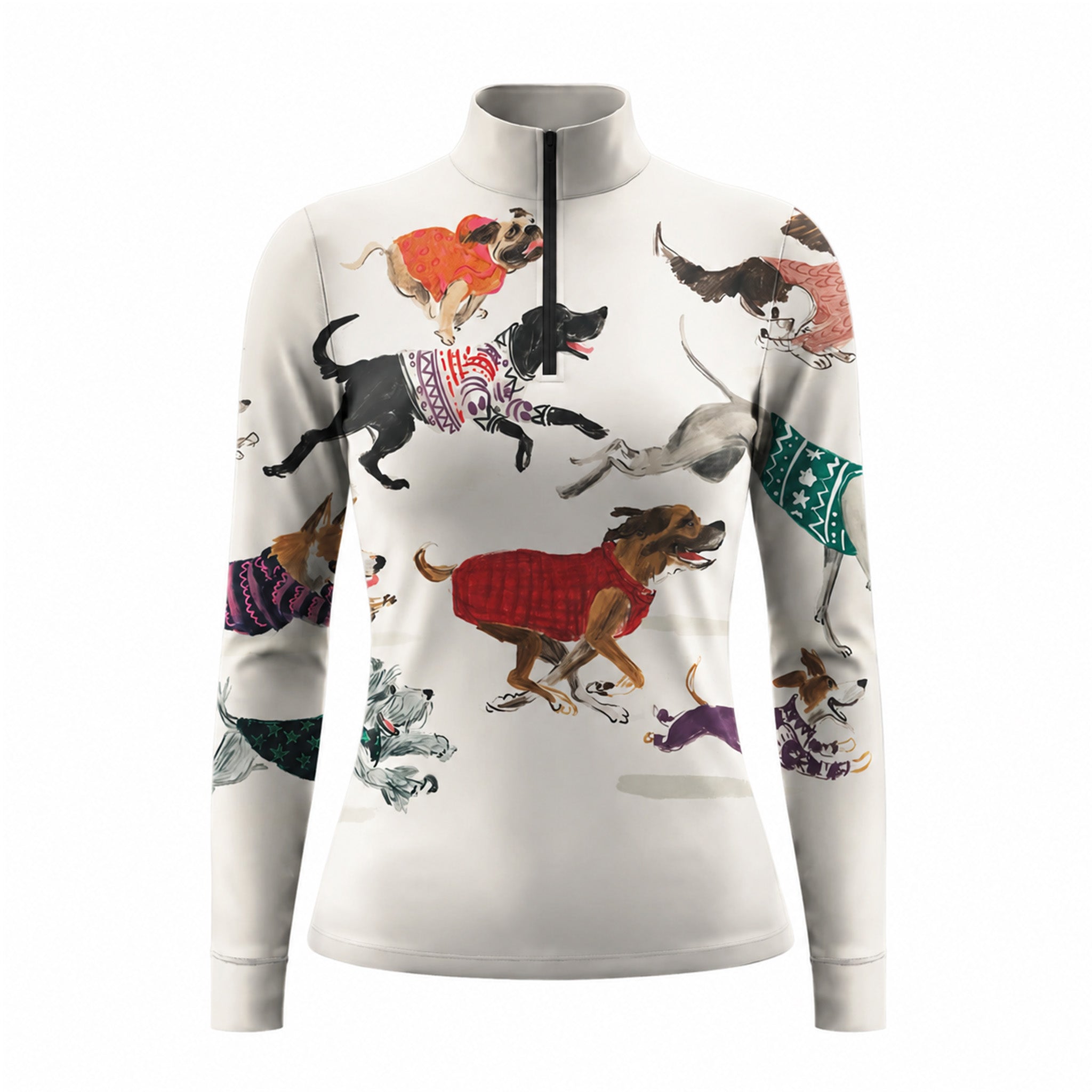 White background studio shot of off-white watercolor multi-breed dog knit sweater allover print long sleeve quarter zip riding top