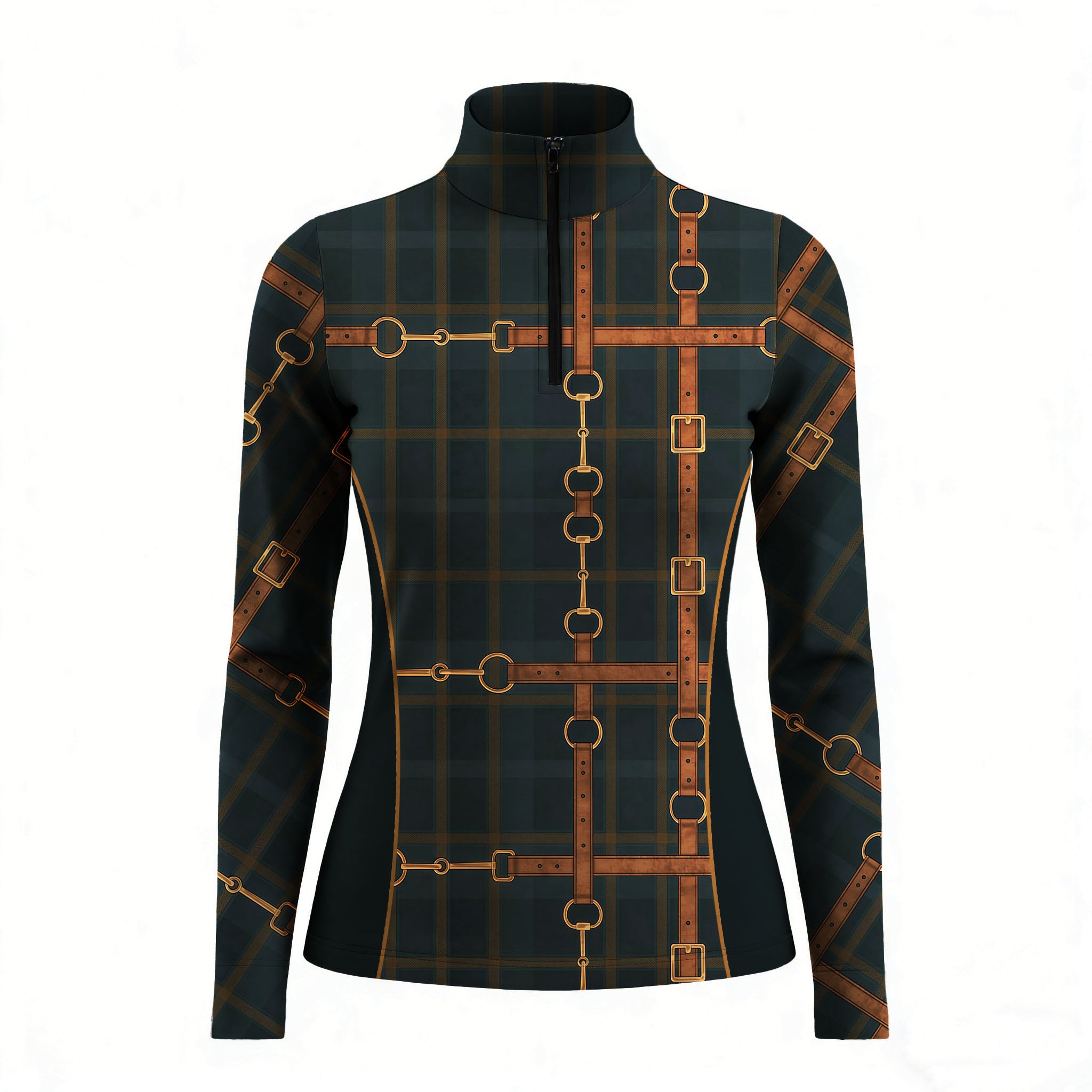 Studio white‑background product mockup of women’s dark green tartan long‑sleeve quarter‑zip riding top with full vintage leather‑strap bridle‑hardware print