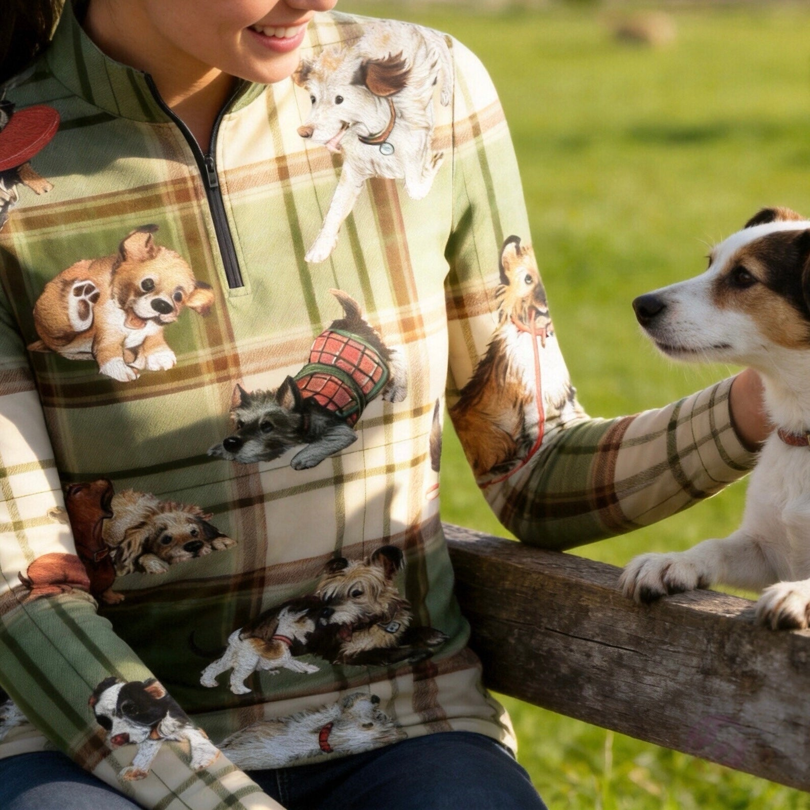 Sunlit green grass pasture white rail fence shot of model holding white riding gloves showcasing cozy green beige country tartan plaid multi-breed playful puppy dog full print equestrian long sleeve top