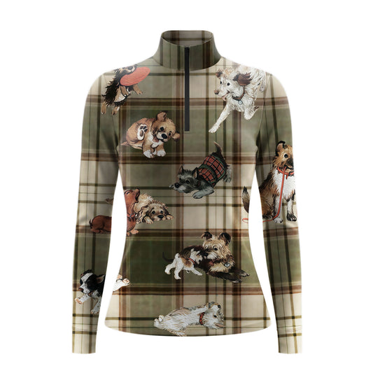White background studio flat lay product shot of full green beige country tartan plaid multi-breed cute puppy dog all-over print long sleeve quarter-zip riding top