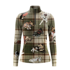 White background studio flat lay product shot of full green beige country tartan plaid multi-breed cute puppy dog all-over print long sleeve quarter-zip riding top