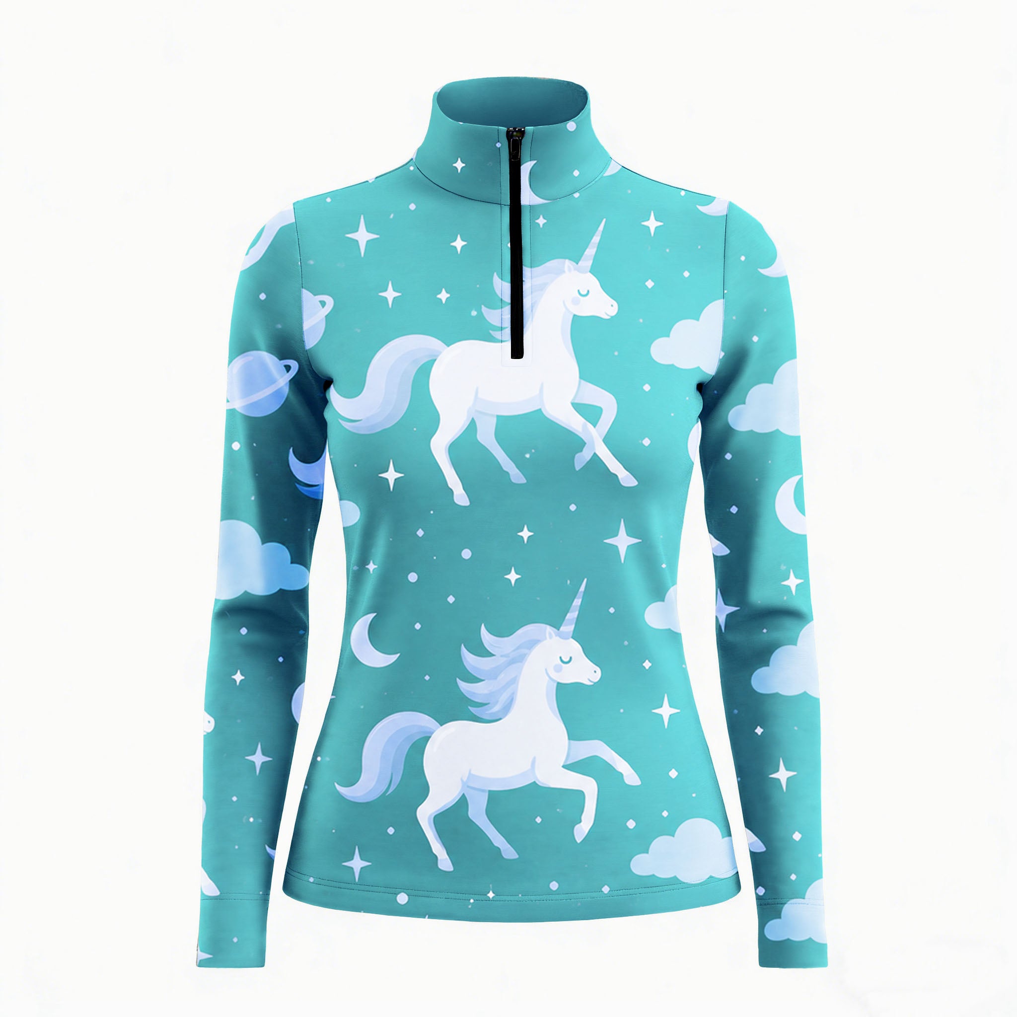 White background studio product shot of full turquoise teal sky white cartoon unicorn star moon cloud planet ditsy print long sleeve quarter-zip riding top
