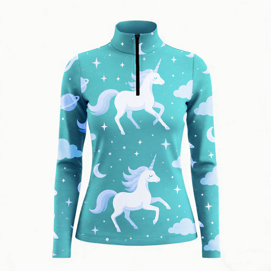 White background studio product shot of full turquoise teal sky white cartoon unicorn star moon cloud planet ditsy print long sleeve quarter-zip riding top
