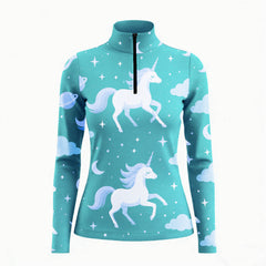 White background studio product shot of full turquoise teal sky white cartoon unicorn star moon cloud planet ditsy print long sleeve quarter-zip riding top
