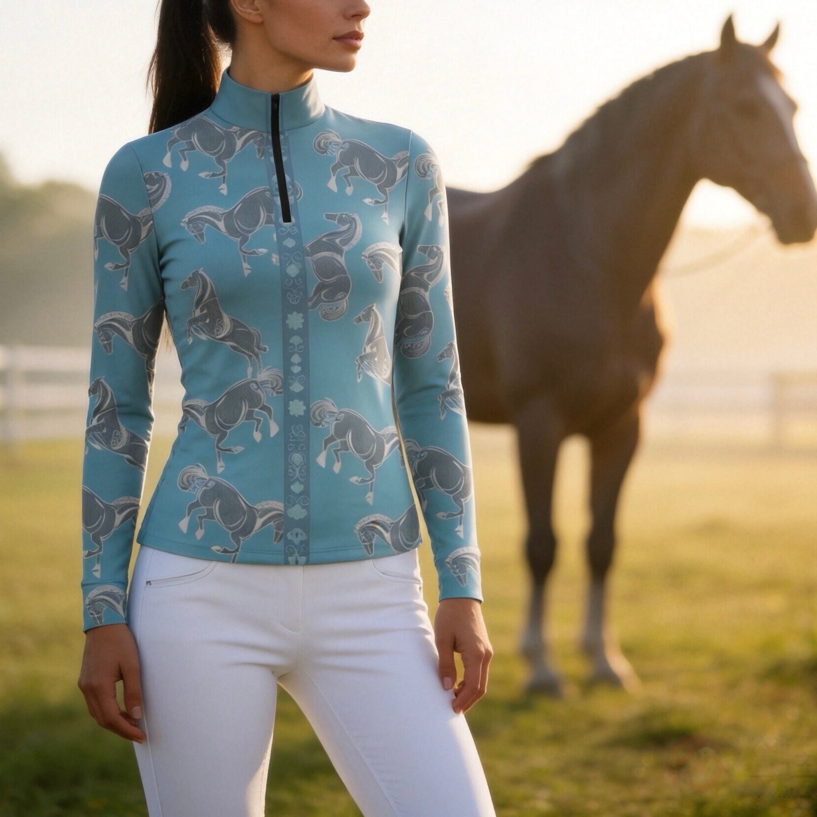 Side profile model shot in sunlit golden pasture wearing dusty teal galloping horse print riding top, dark horse blurred in background
