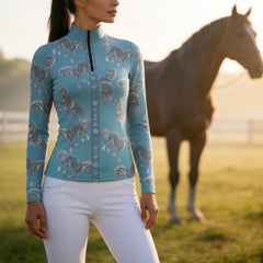 Side profile model shot in sunlit golden pasture wearing dusty teal galloping horse print riding top, dark horse blurred in background
