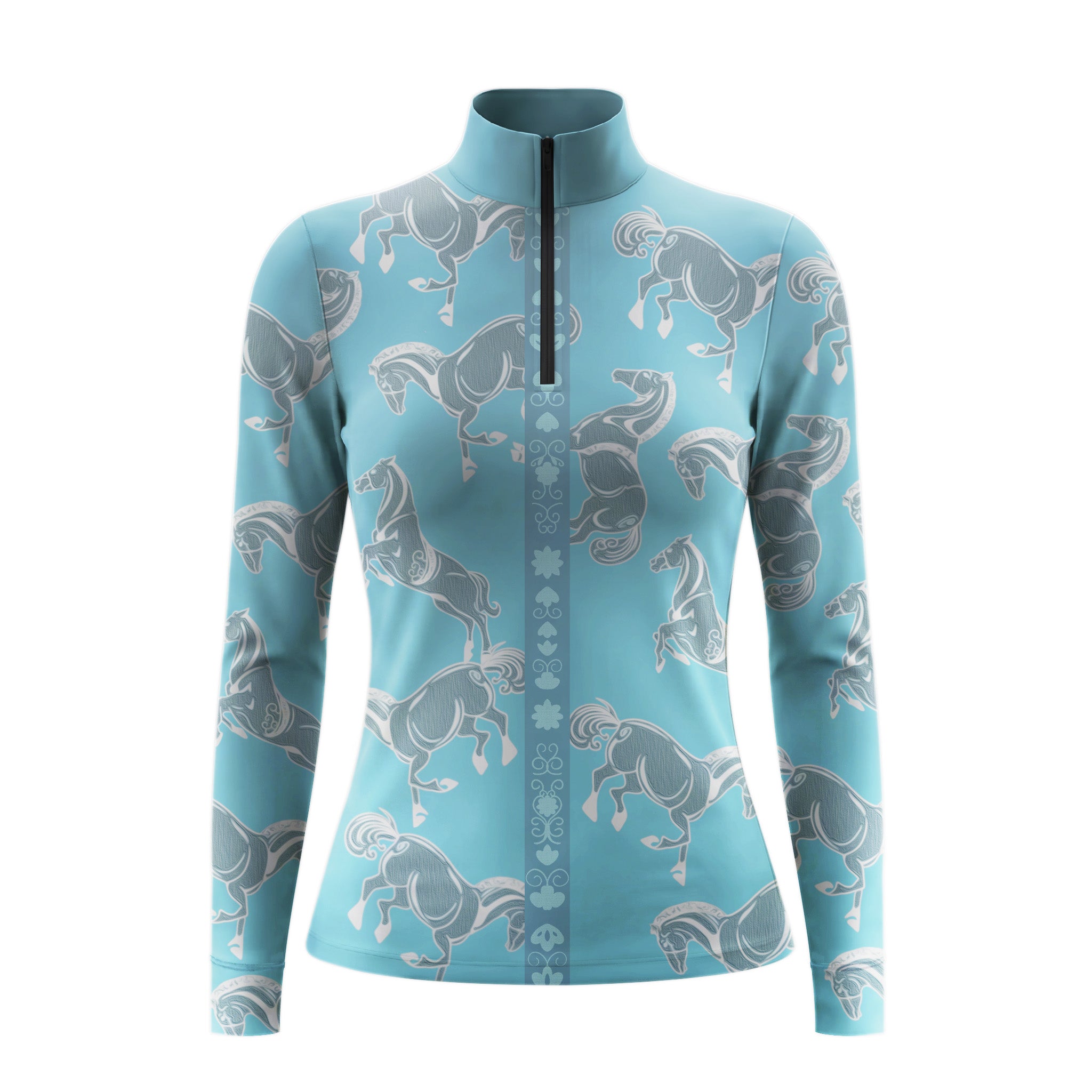 Model leaning against light grey stable wall beside chestnut horse wearing subtle teal sketch horse long sleeve riding top

