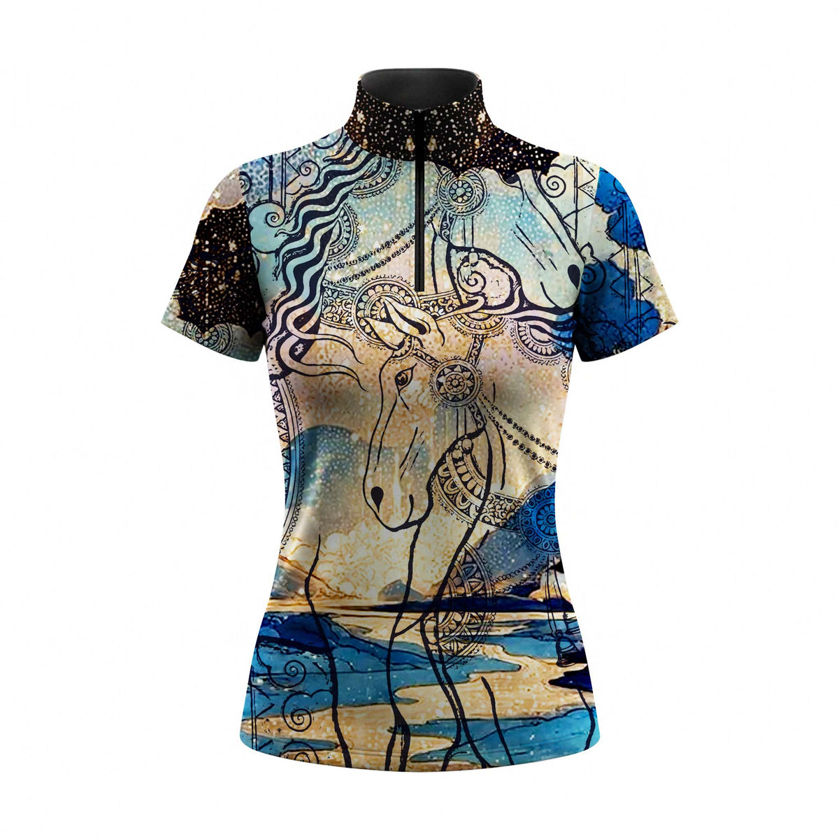 White background studio shot of celestial tribal horse art short sleeve quarter zip riding top