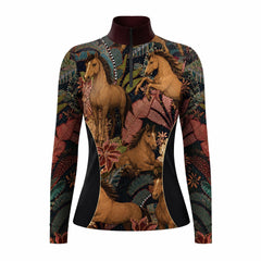 White background studio shot of dark tropical wild horse print side panel long sleeve quarter zip riding top