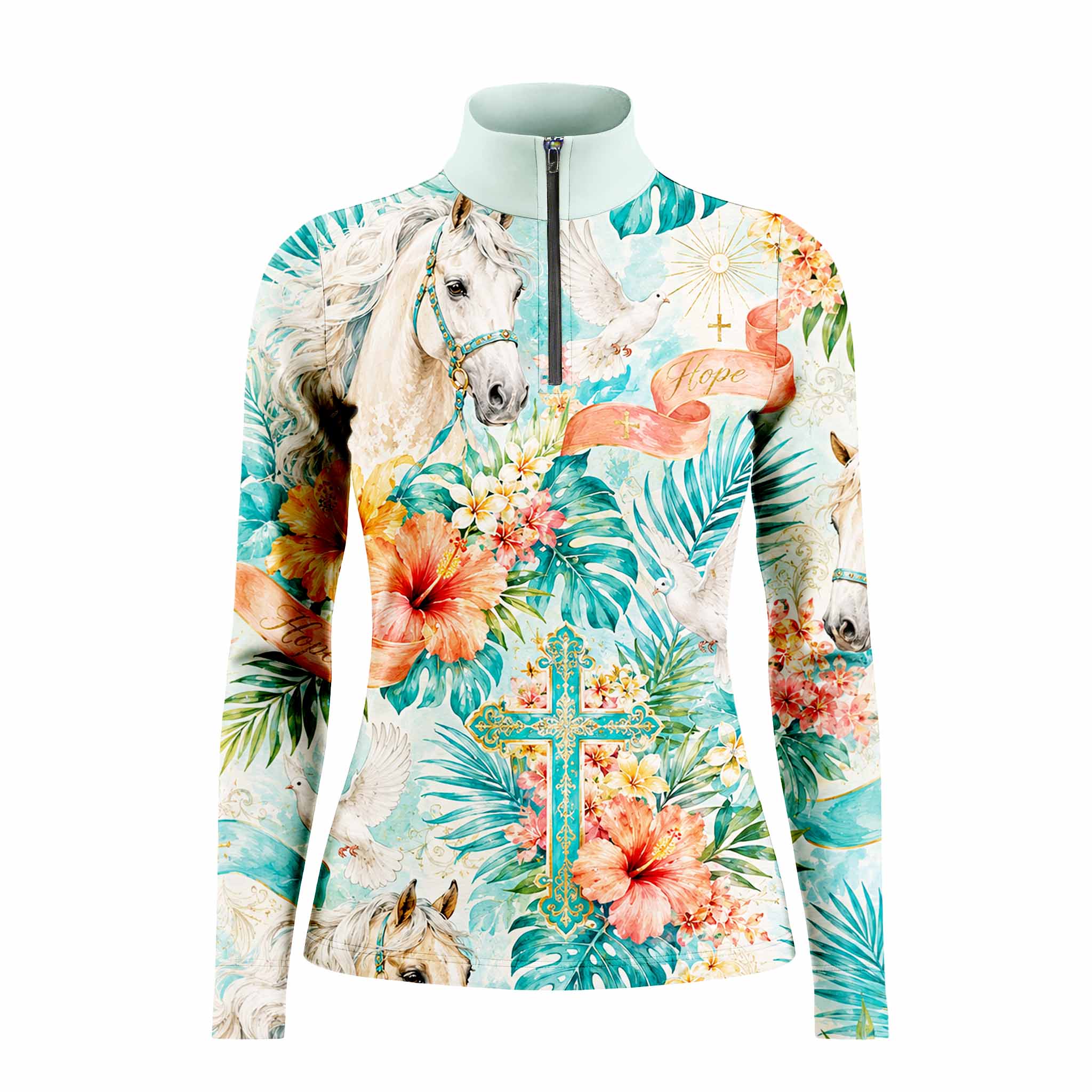 White background studio shot of pale turquoise tropical hope ribbon white stallion hibiscus dove floral cross allover print long sleeve quarter zip riding top
